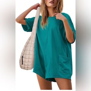 Teal Short Sleeve Oversized Romper with Front Pockets